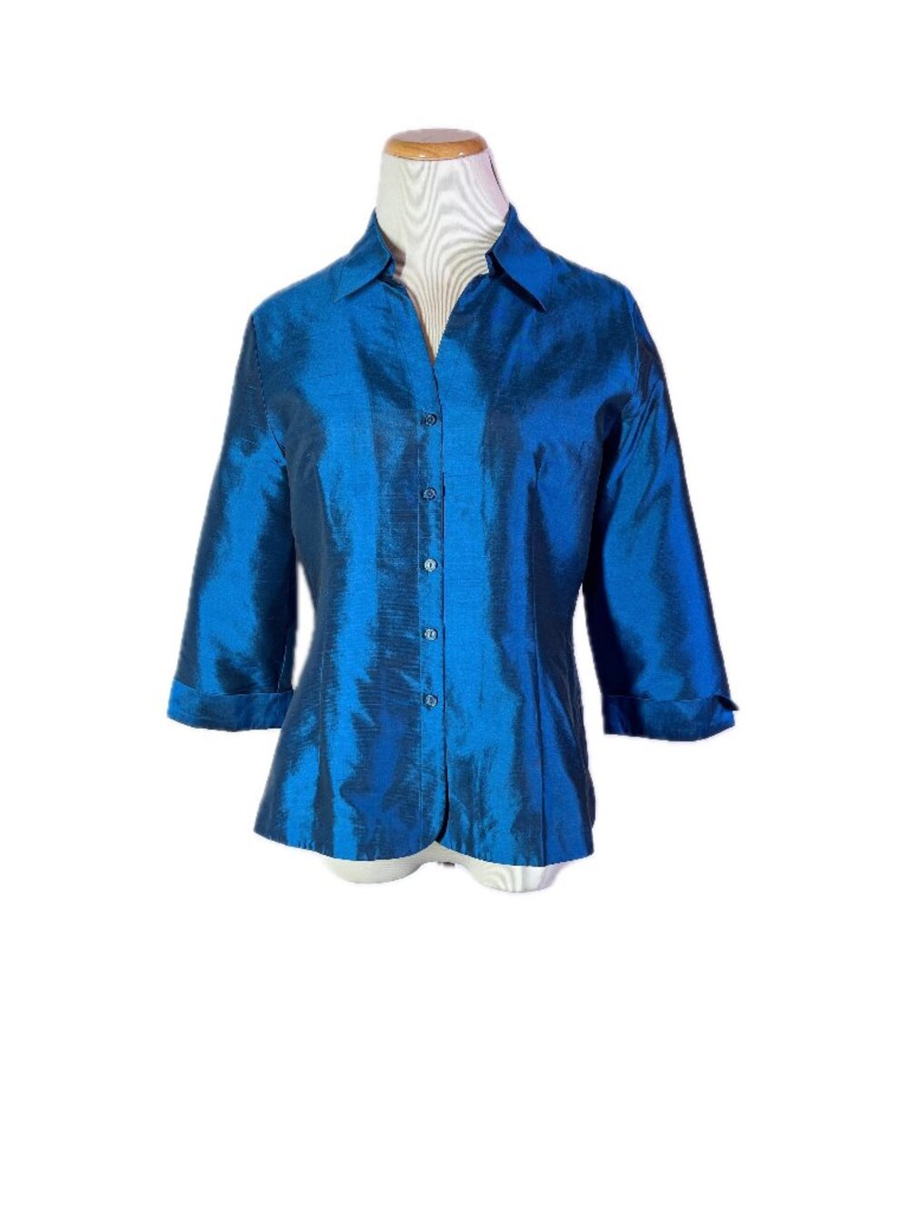 Vintage Allison Taylor Size M Silk Button-Up Shirt 3/4 Sleeves Prussian Blue